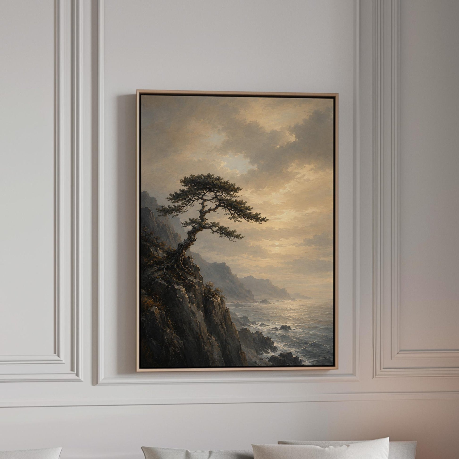 Lone pine on a sea cliff above a restless ocean, canvas print in a bright room with natural daylight