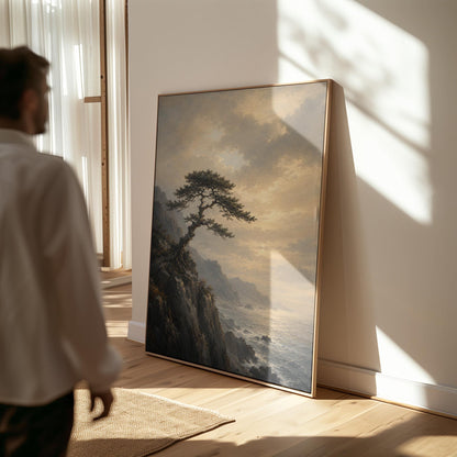 Lone pine on a sea cliff above a restless ocean, canvas print on a quiet wall in a considered interior