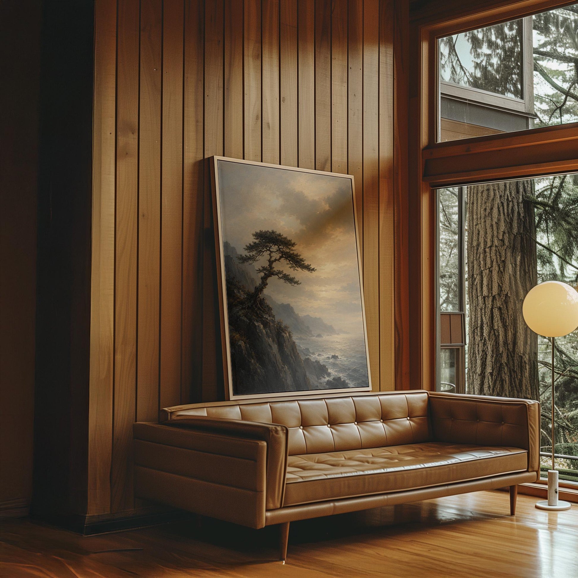 Lone pine on a sea cliff above a restless ocean, canvas wall art styled against a soft white wall