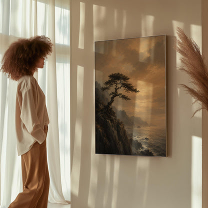 Lone pine on a sea cliff above a restless ocean, canvas wall art presented in a light, minimal room