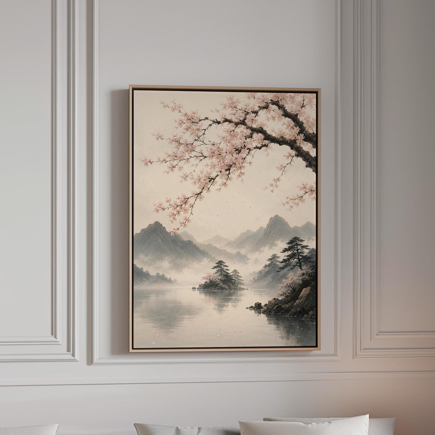 Cherry blossom branches over a misty mountain lake, canvas print in a bright room with natural daylight