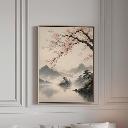 Cherry blossom branches over a misty mountain lake, canvas print in a bright room with natural daylight