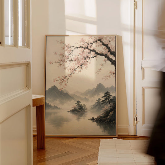 Cherry blossom branches over a misty mountain lake, canvas print hanging in a calm, modern living space