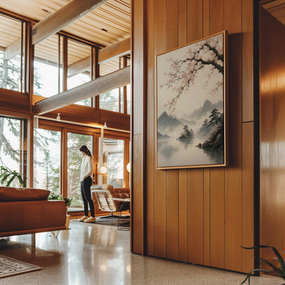 Cherry blossom branches over a misty mountain lake, canvas print seen in a warm interior with natural light