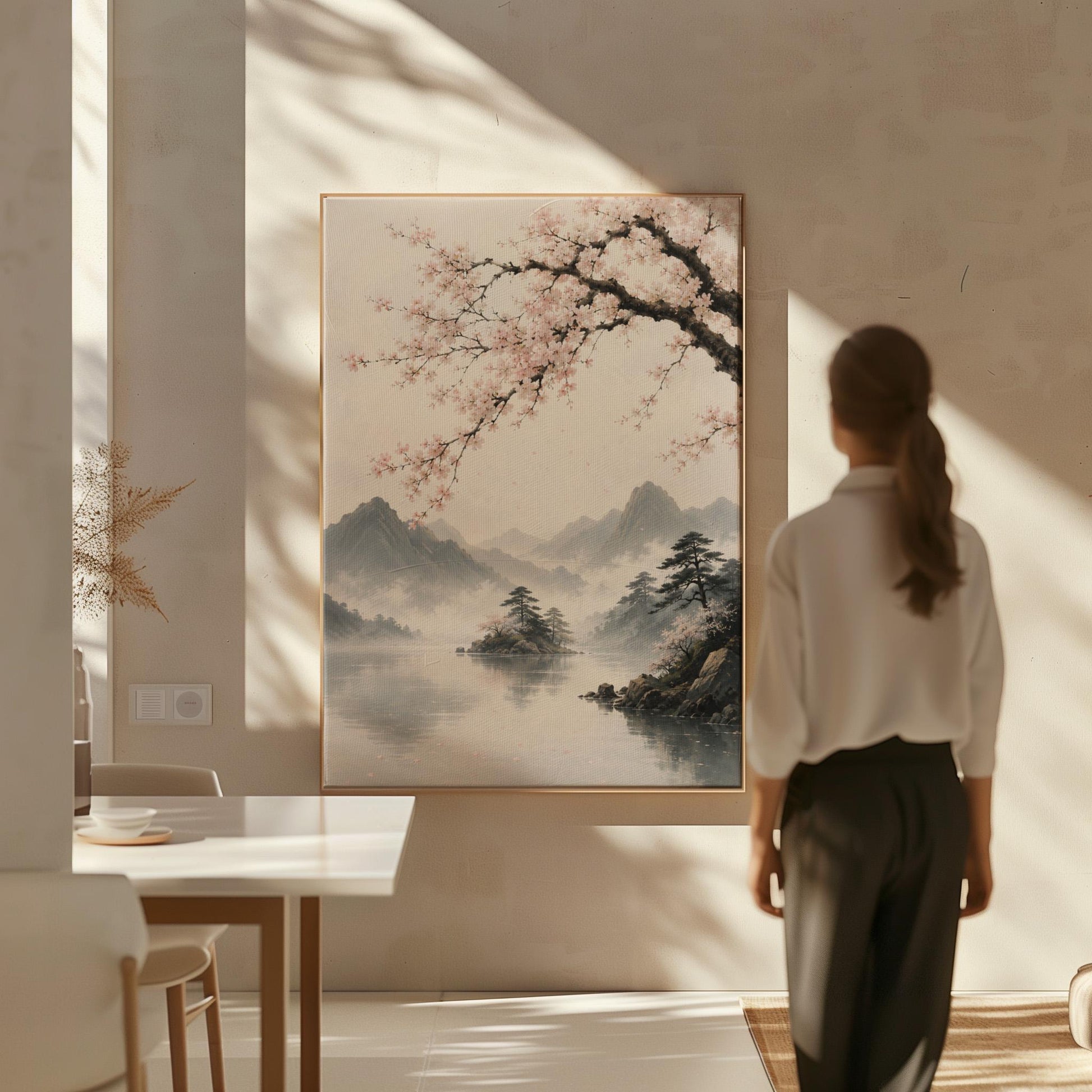 Cherry blossom branches over a misty mountain lake, canvas print displayed on a neutral wall in a styled interior