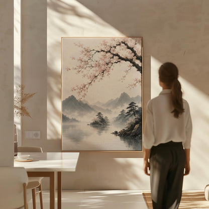 Cherry blossom branches over a misty mountain lake, canvas print displayed on a neutral wall in a styled interior