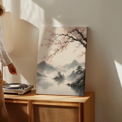Cherry blossom branches over a misty mountain lake, canvas wall art seen in a warm interior with natural light