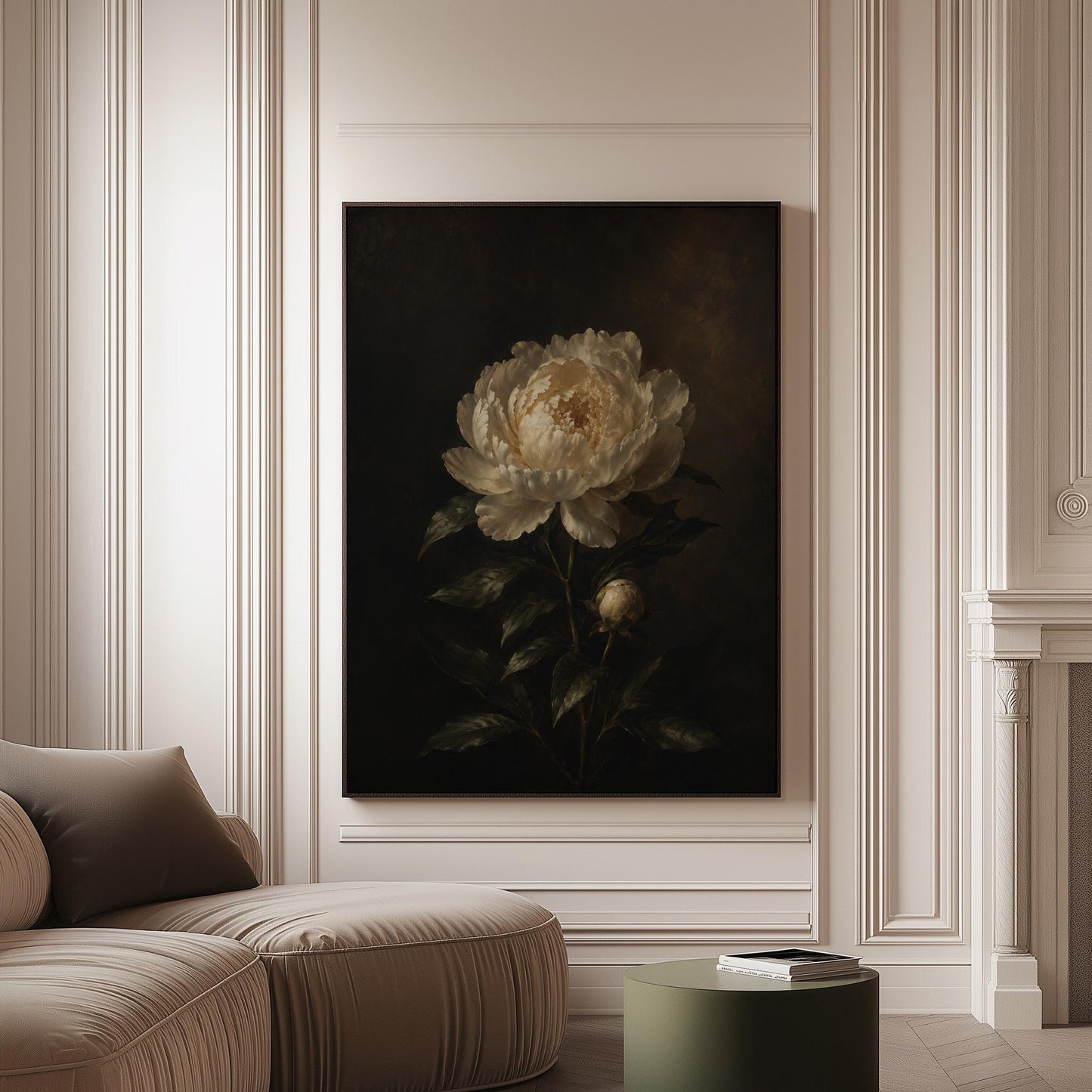 White peony in full bloom against a dark background, canvas print on a softly lit wall in a calm interior