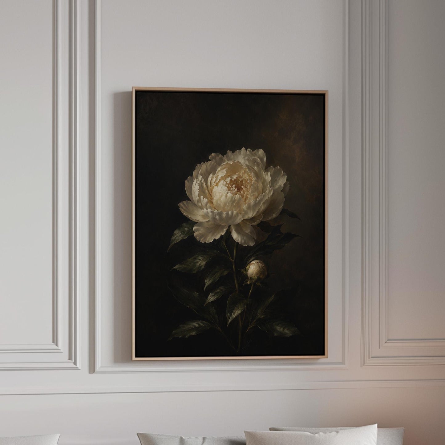 White peony in full bloom against a dark background, canvas print in a bright room with natural daylight