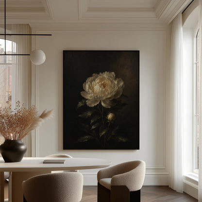 White peony in full bloom against a dark background, canvas print on a quiet wall in a considered interior