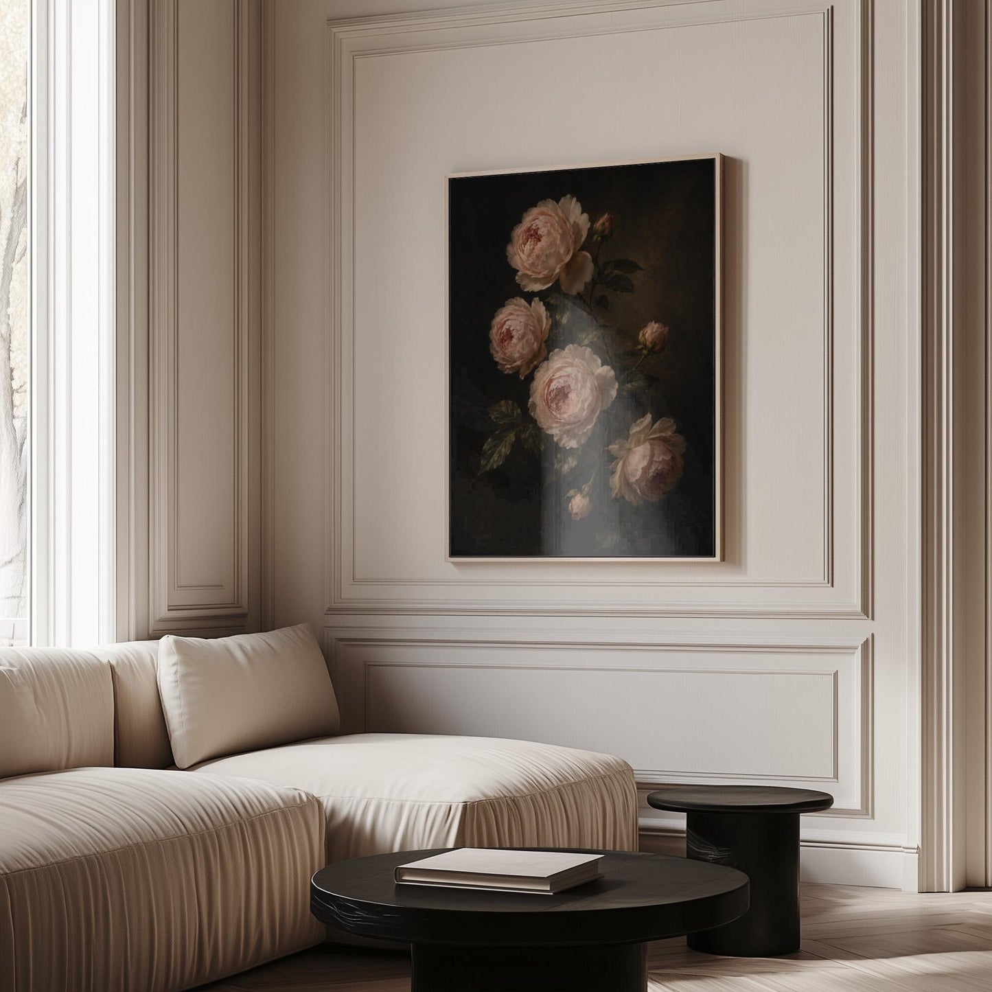Blush pink garden roses against a dark background, canvas print seen in a warm interior with natural light