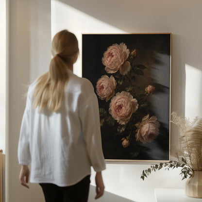 Blush pink garden roses against a dark background, canvas print shown in a sunlit, contemporary room