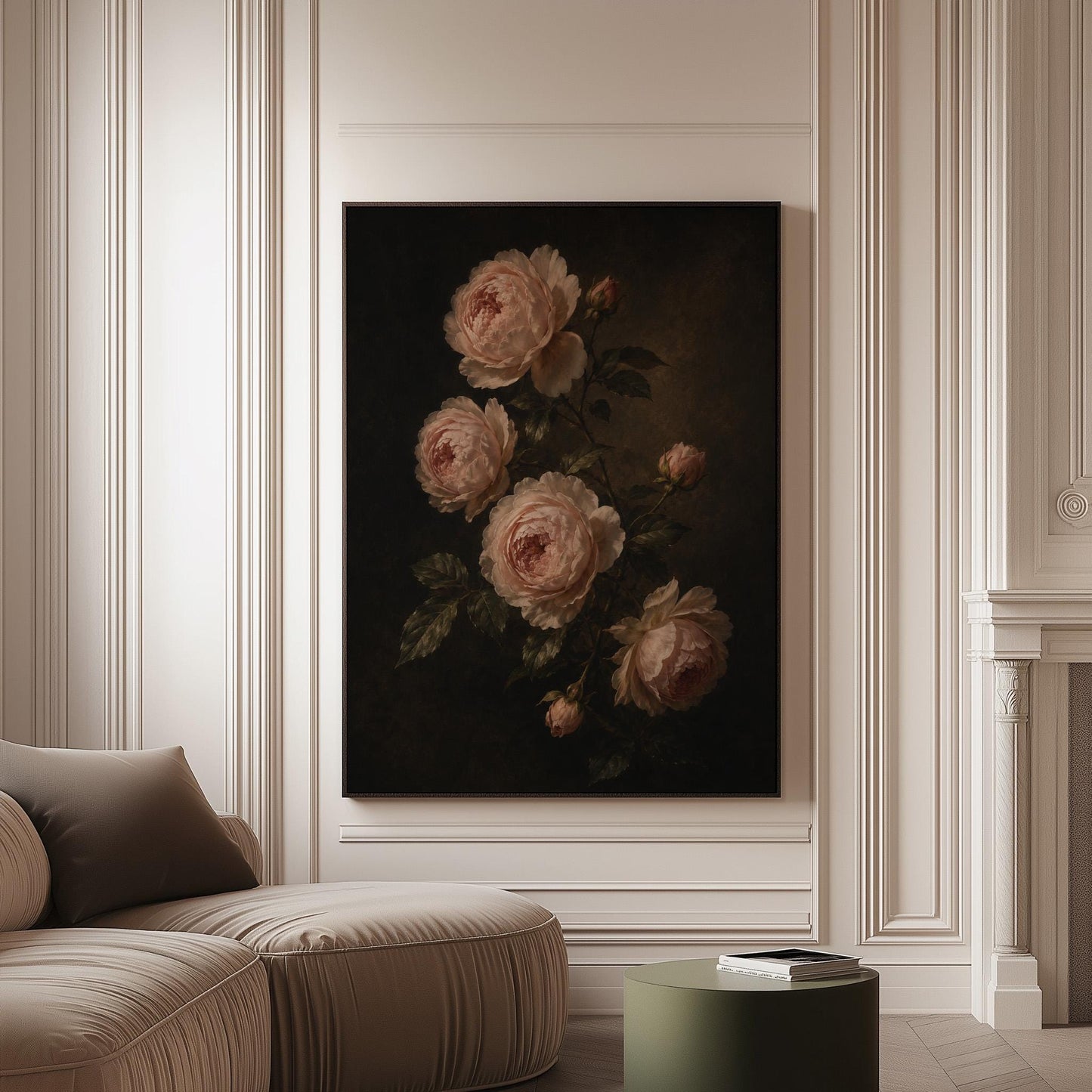 Blush pink garden roses against a dark background, canvas print on a softly lit wall in a calm interior