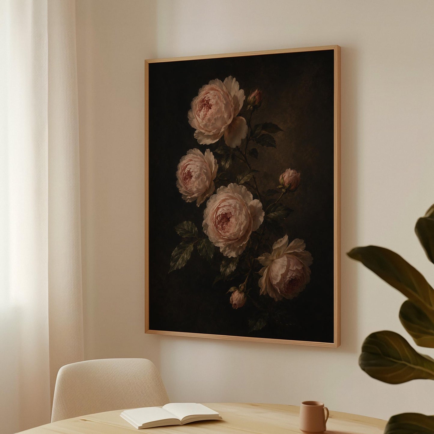 Blush pink garden roses against a dark background, canvas wall art on a quiet wall in a considered interior