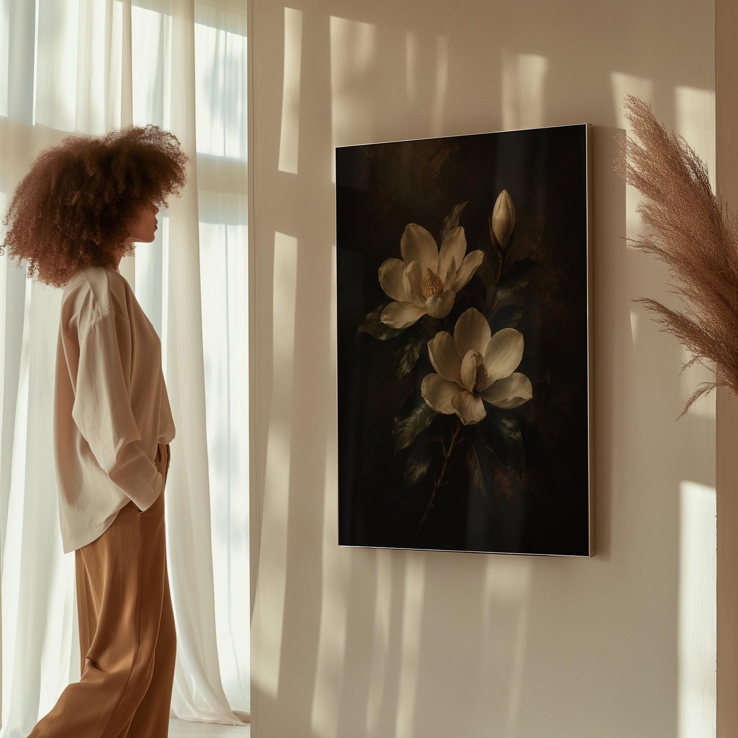 Cream magnolia blooms and dark glossy leaves, canvas print styled against a soft white wall