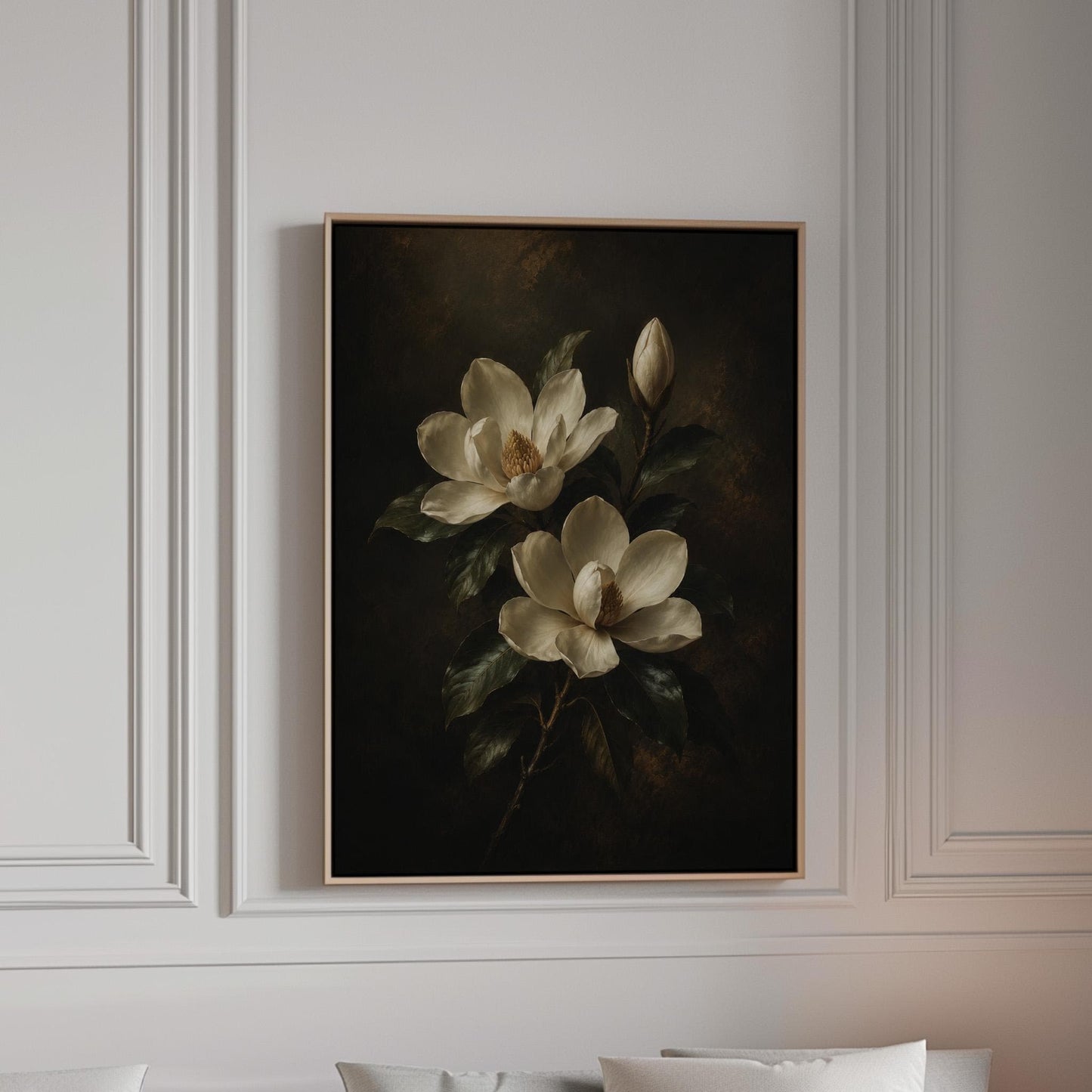 Cream magnolia blooms and dark glossy leaves, canvas print in a bright room with natural daylight