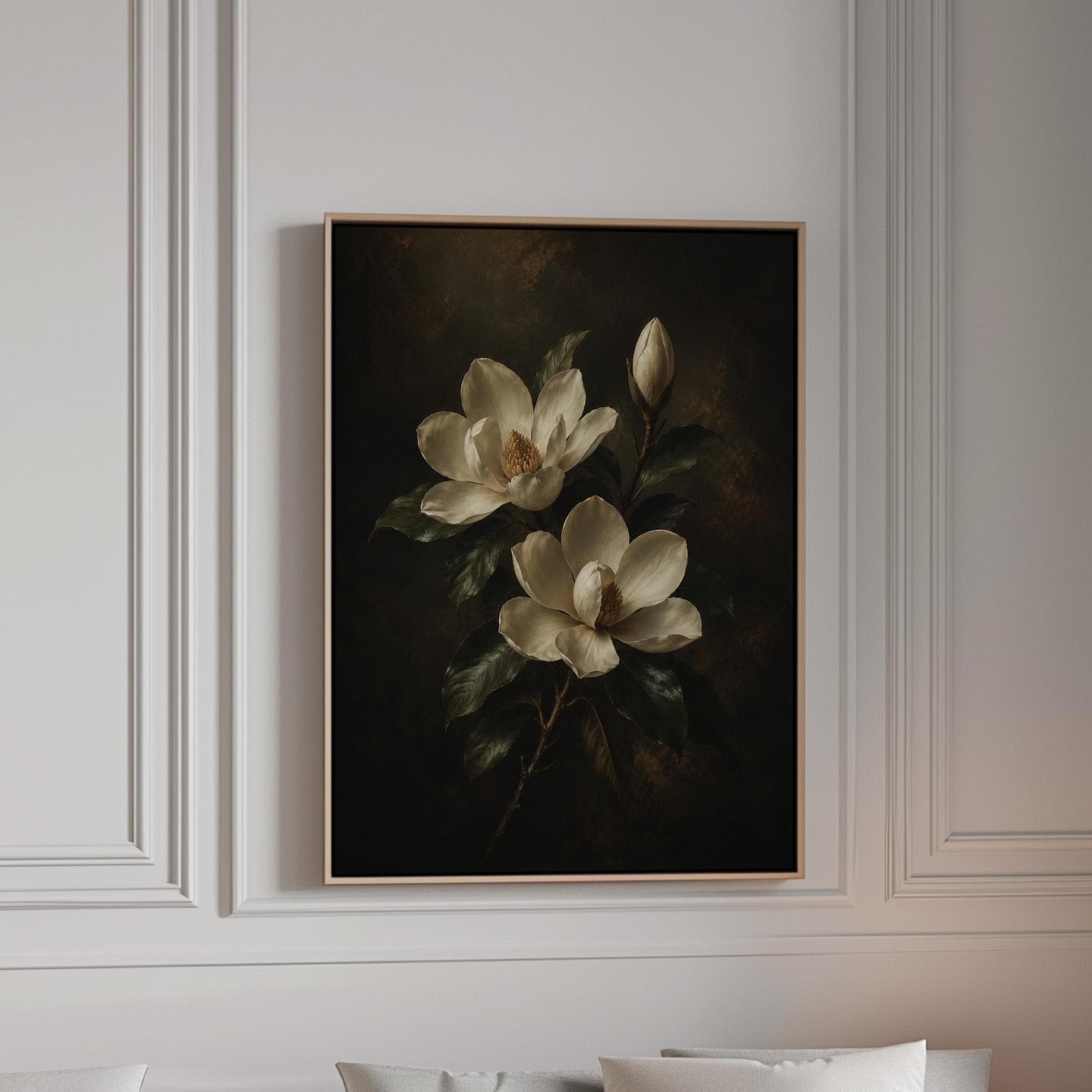 Cream magnolia blooms and dark glossy leaves, canvas print in a bright room with natural daylight