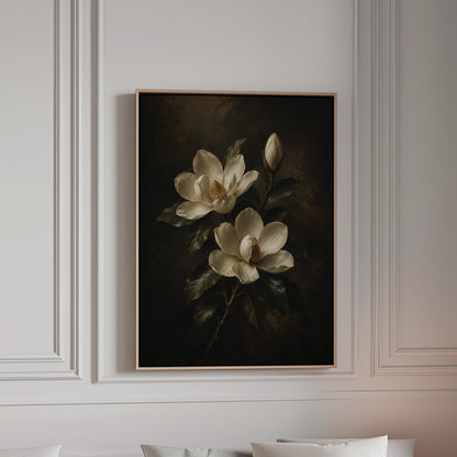 Cream magnolia blooms and dark glossy leaves, canvas print in a bright room with natural daylight
