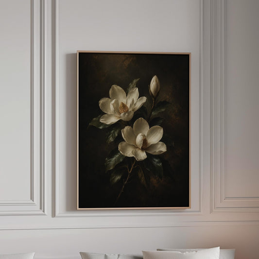 Cream magnolia blooms and dark glossy leaves, canvas print in a bright room with natural daylight