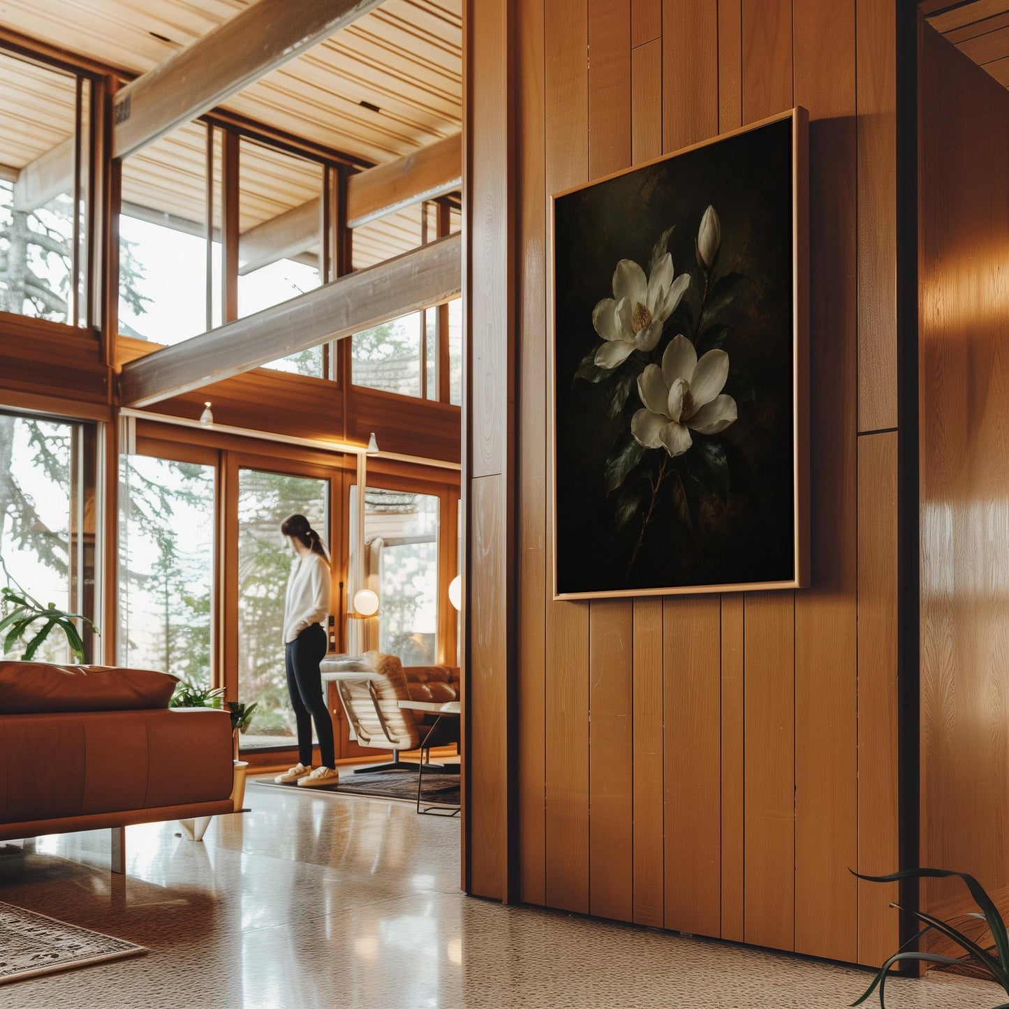Cream magnolia blooms and dark glossy leaves, canvas wall art presented in a light, minimal room