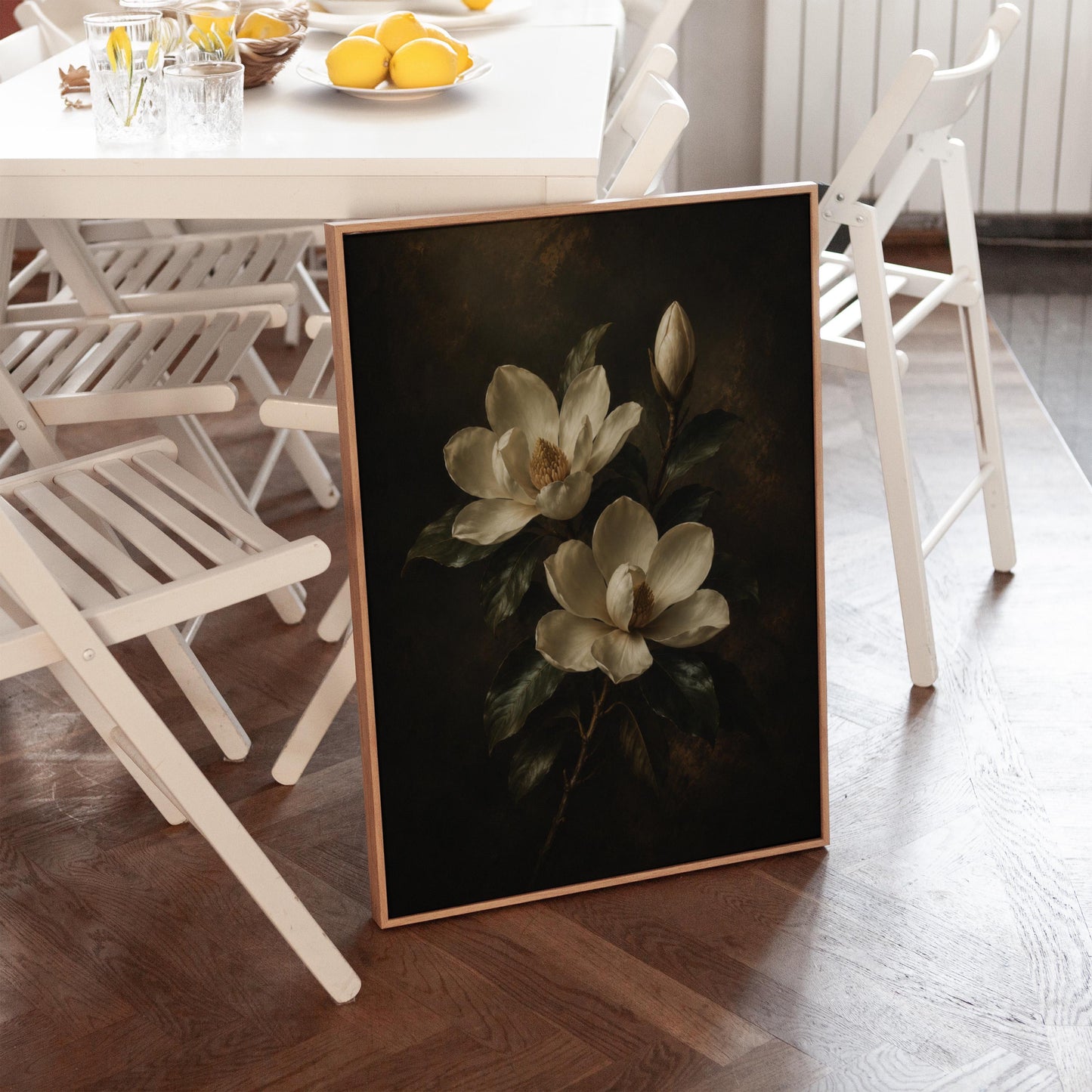 Cream magnolia blooms and dark glossy leaves, canvas wall art on a quiet wall in a considered interior