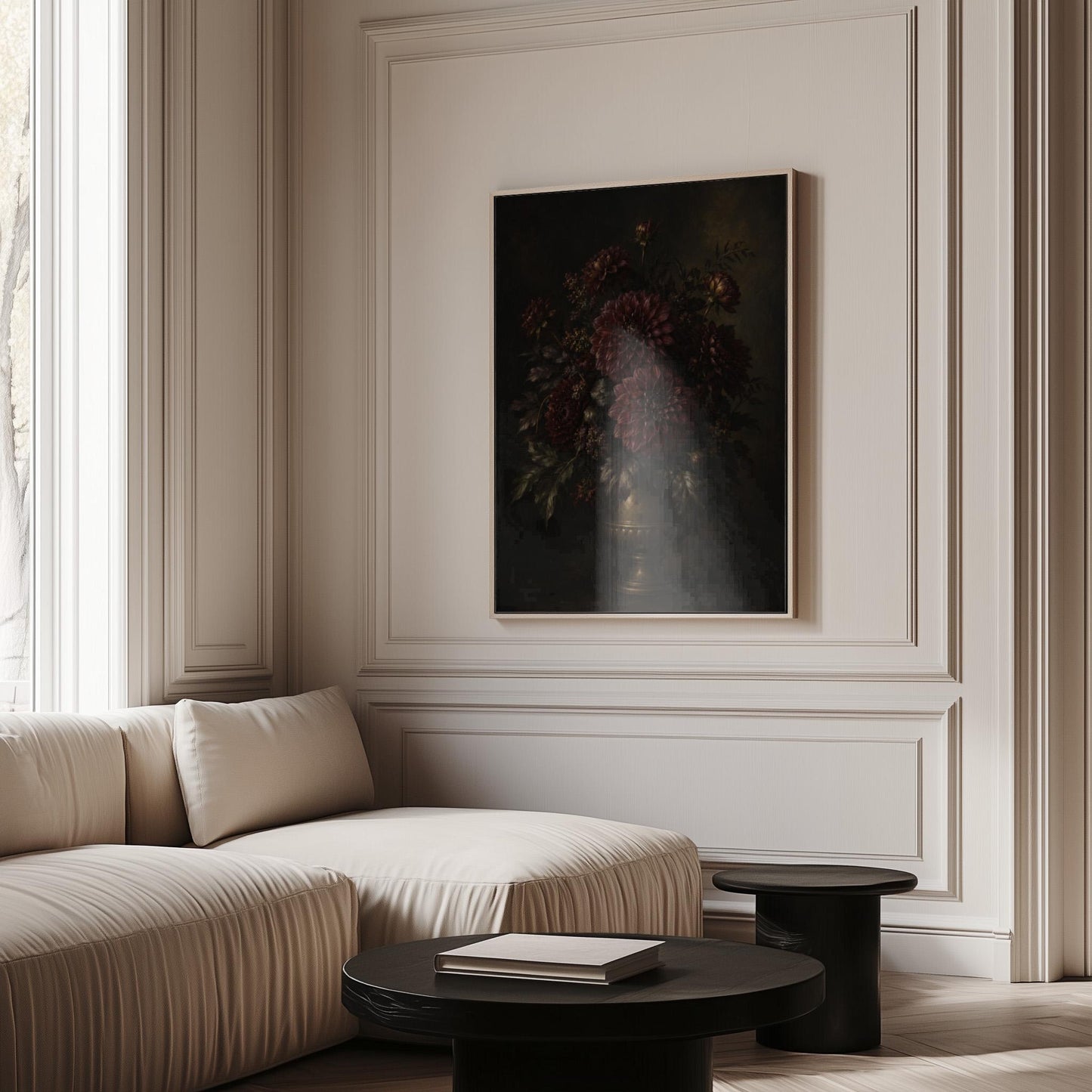 Burgundy dahlias in a brass urn against darkness, canvas print presented in a light, minimal room