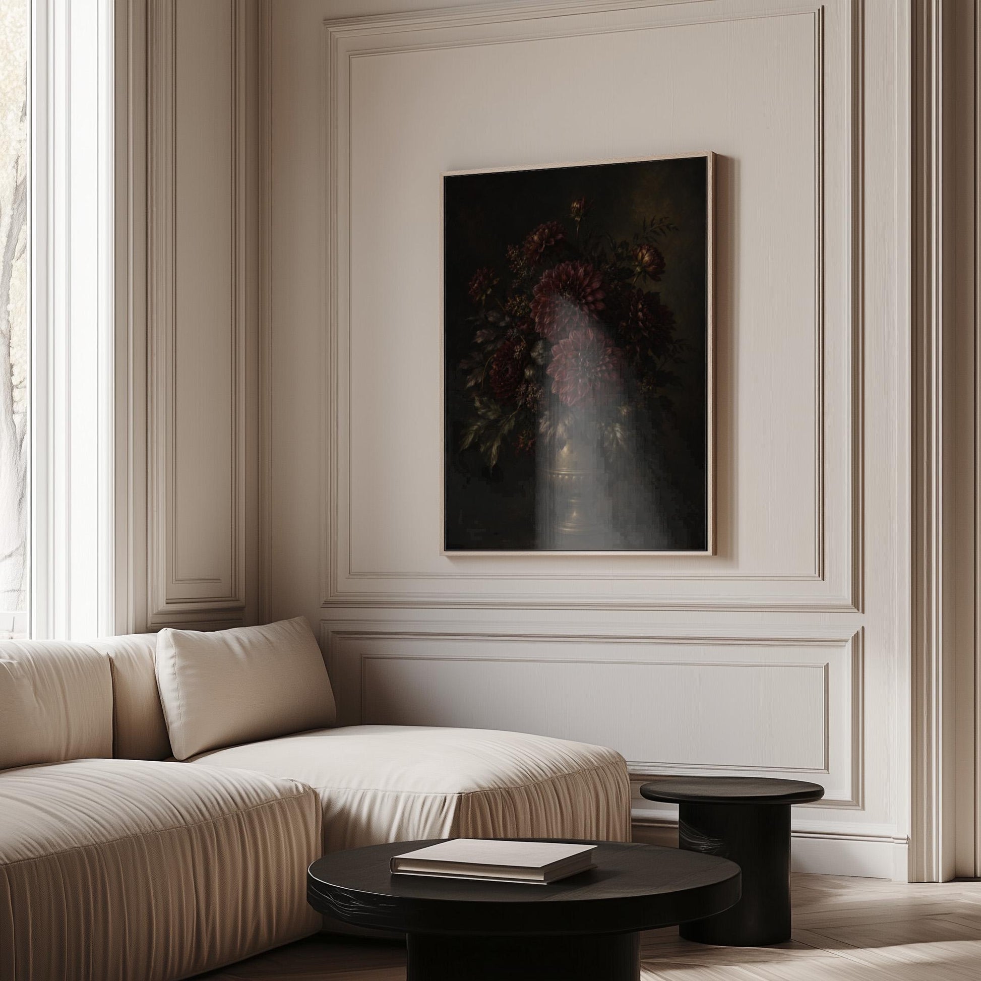 Burgundy dahlias in a brass urn against darkness, canvas print presented in a light, minimal room
