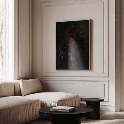 Burgundy dahlias in a brass urn against darkness, canvas print presented in a light, minimal room