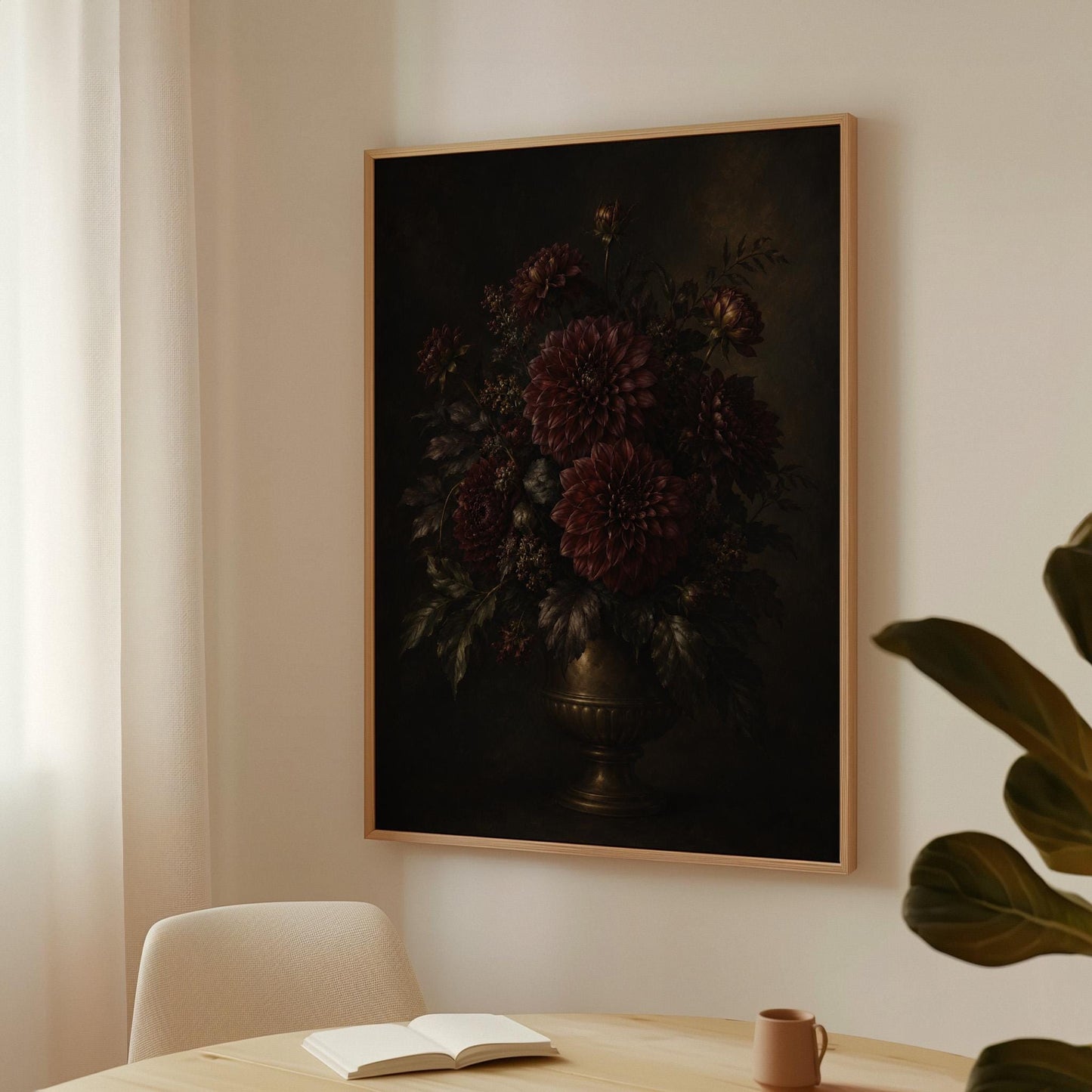 Burgundy dahlias in a brass urn against darkness, canvas wall art styled against a soft white wall