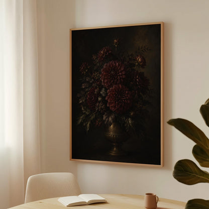 Burgundy dahlias in a brass urn against darkness, canvas wall art styled against a soft white wall