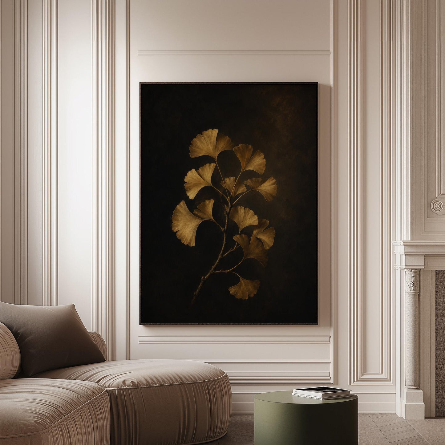 Golden ginkgo branch on a deep charcoal ground, canvas print on a softly lit wall in a calm interior