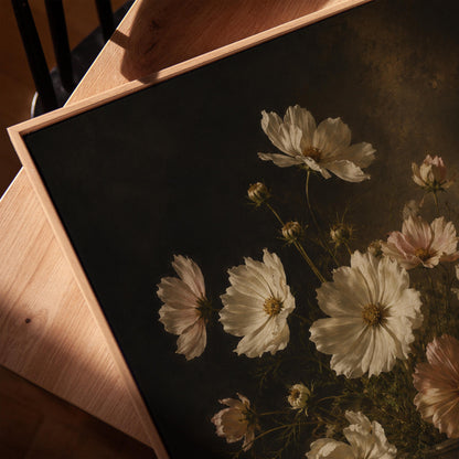 White cosmos flowers in a weathered stone vase, canvas print in a warm, minimally styled interior
