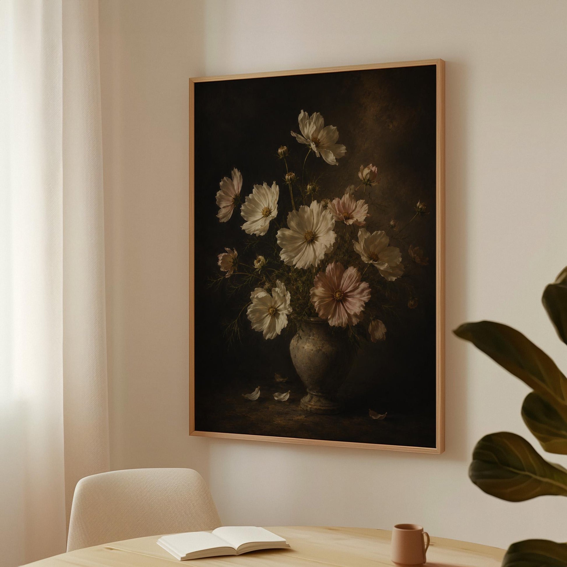 White cosmos flowers in a weathered stone vase, canvas print hanging in a calm, modern living space