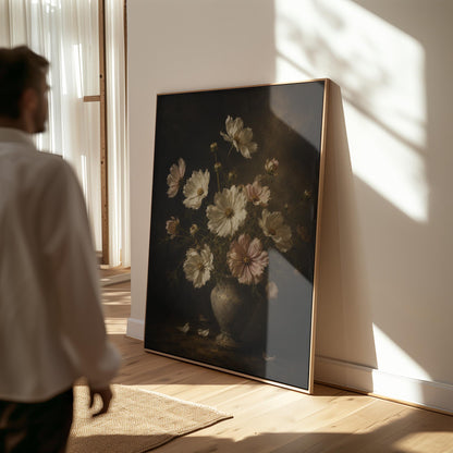 White cosmos flowers in a weathered stone vase, canvas print seen in a warm interior with natural light