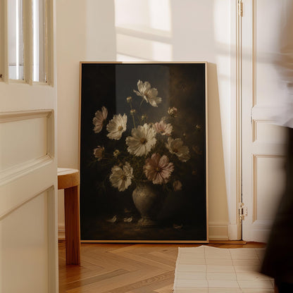 White cosmos flowers in a weathered stone vase, canvas print on a quiet wall in a considered interior