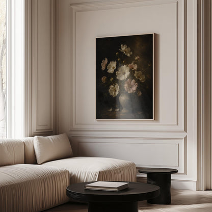 White cosmos flowers in a weathered stone vase, canvas wall art styled against a soft white wall