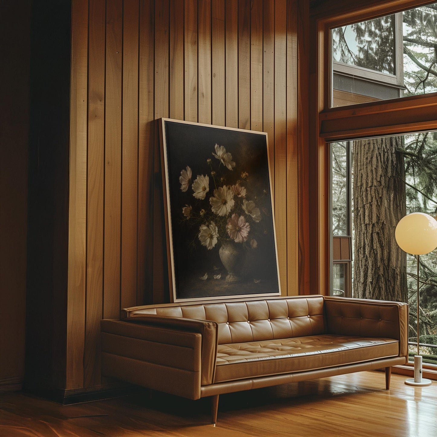White cosmos flowers in a weathered stone vase, canvas wall art seen in a warm interior with natural light