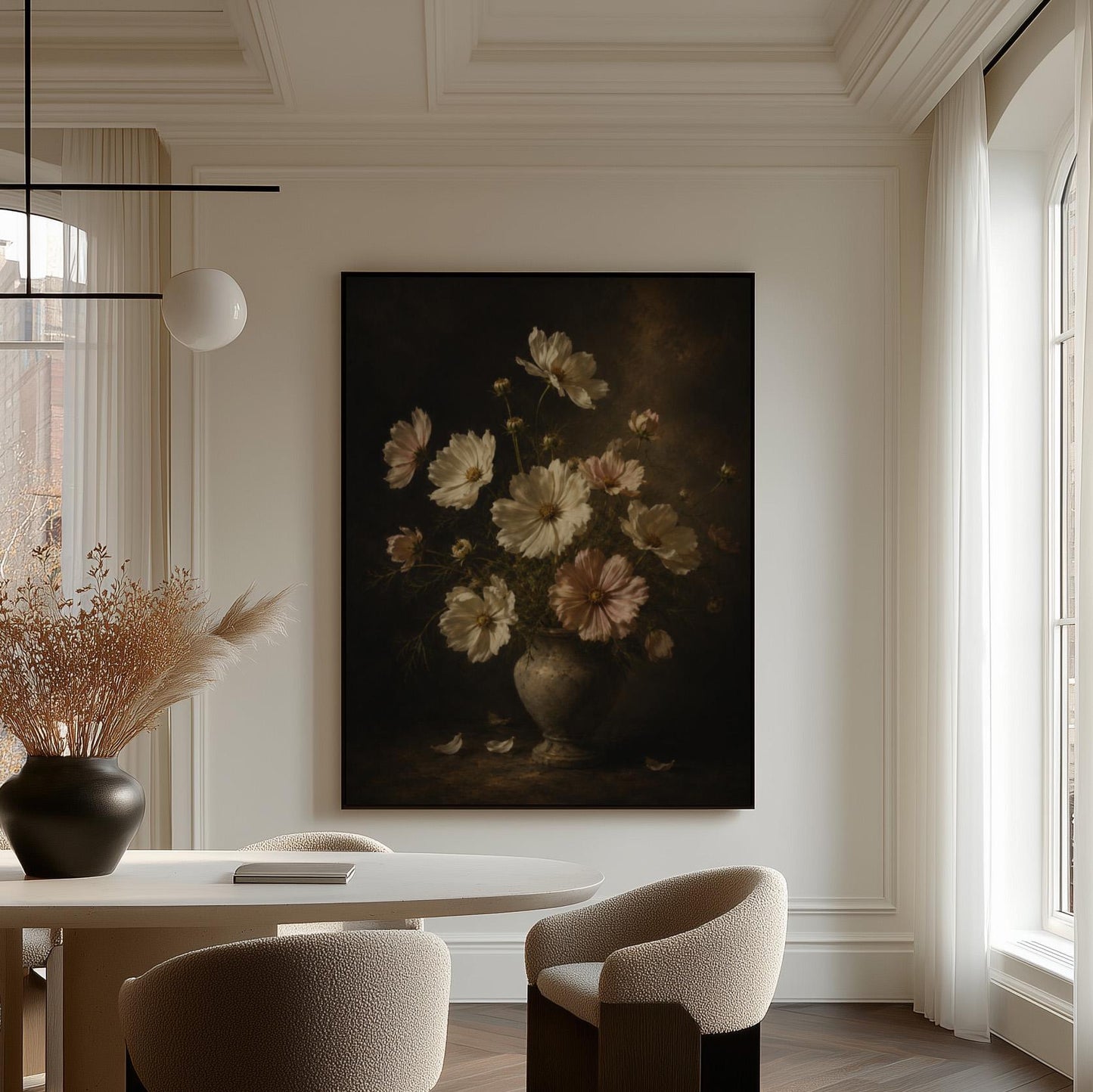 White cosmos flowers in a weathered stone vase, canvas wall art presented in a light, minimal room