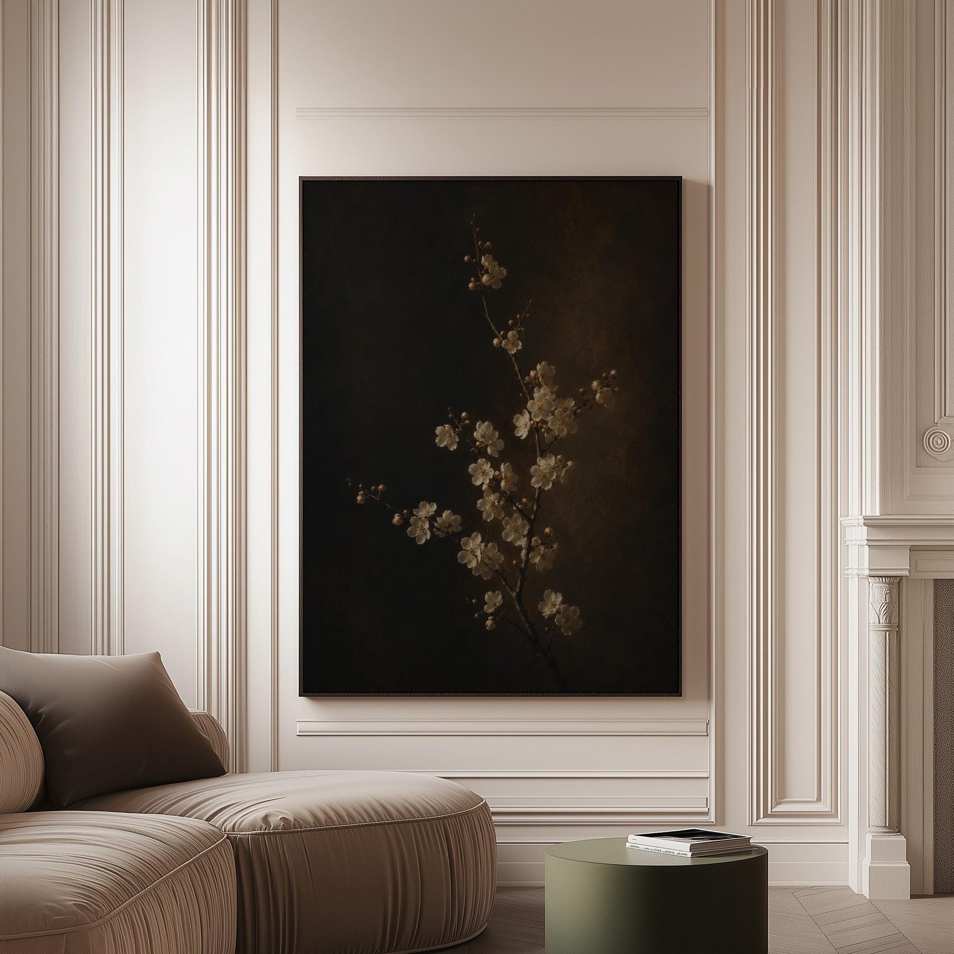 White blossom branch on a dark bronze ground, canvas print on a softly lit wall in a calm interior