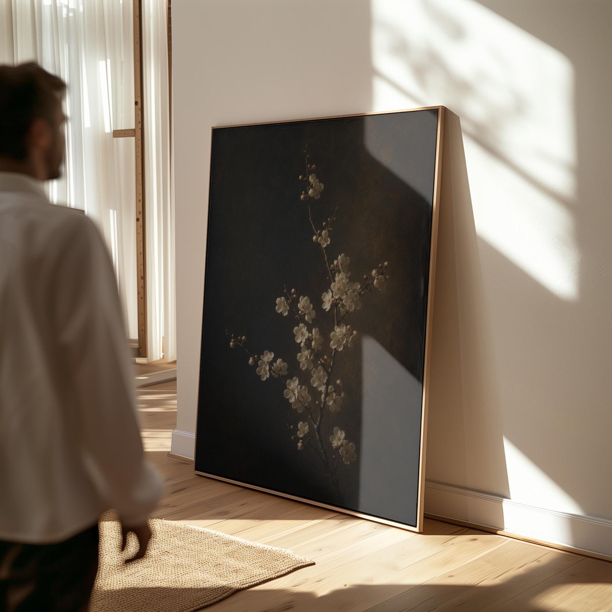 White blossom branch on a dark bronze ground, canvas print on a quiet wall in a considered interior