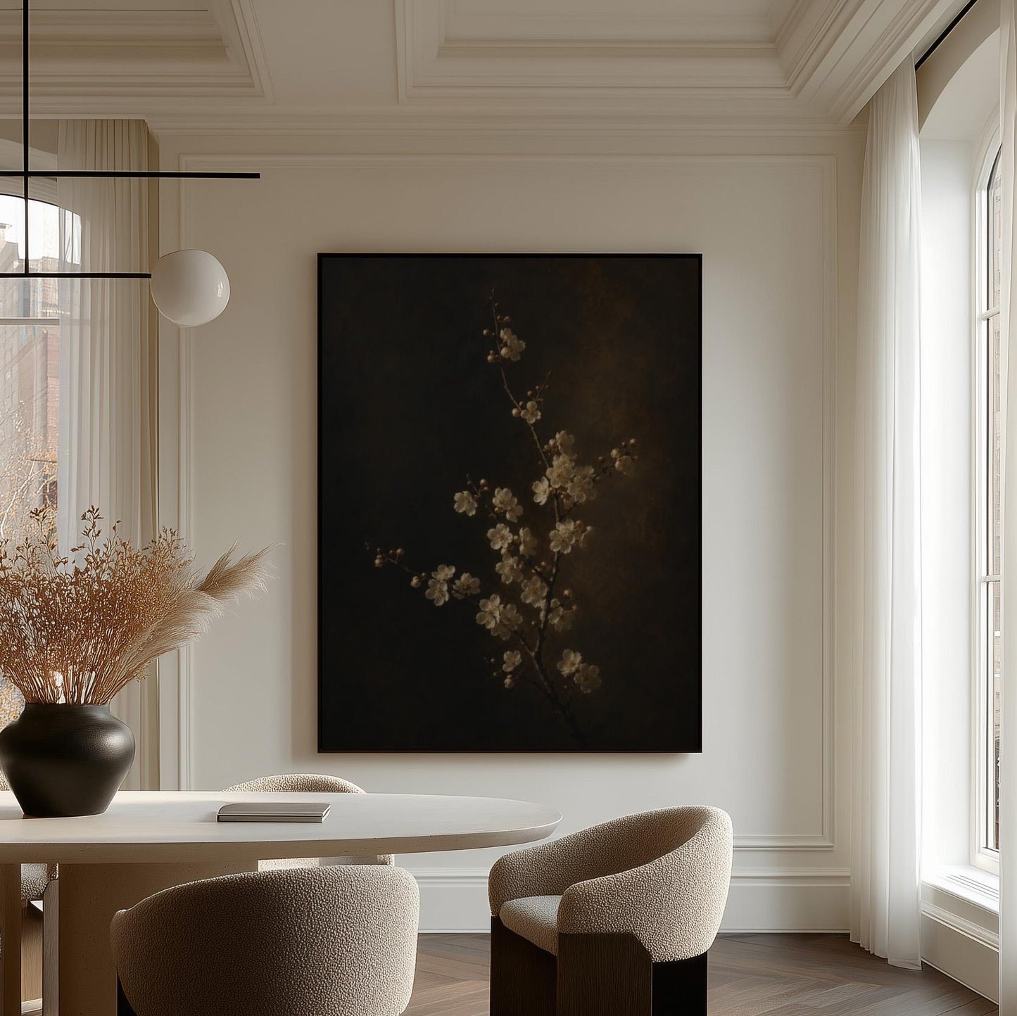 White blossom branch on a dark bronze ground, canvas print shown in a sunlit, contemporary room