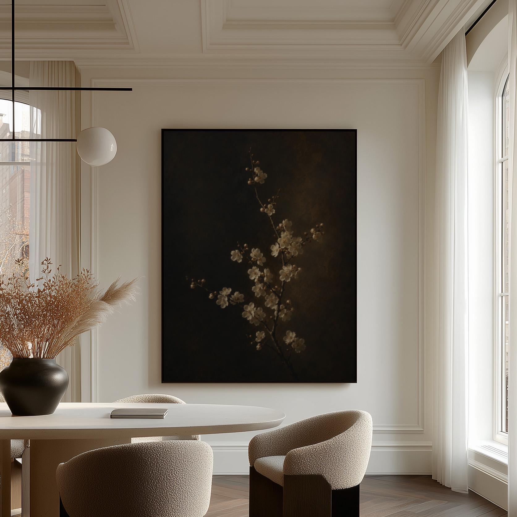 White blossom branch on a dark bronze ground, canvas print shown in a sunlit, contemporary room
