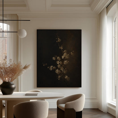 White blossom branch on a dark bronze ground, canvas print shown in a sunlit, contemporary room