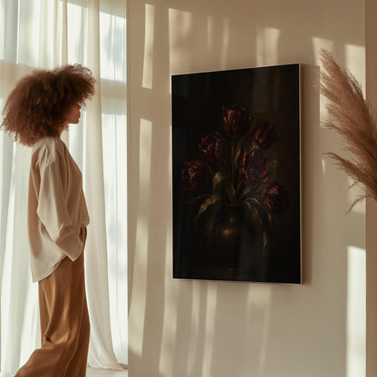 Deep burgundy tulips in a dark metal vase, canvas print styled against a soft white wall