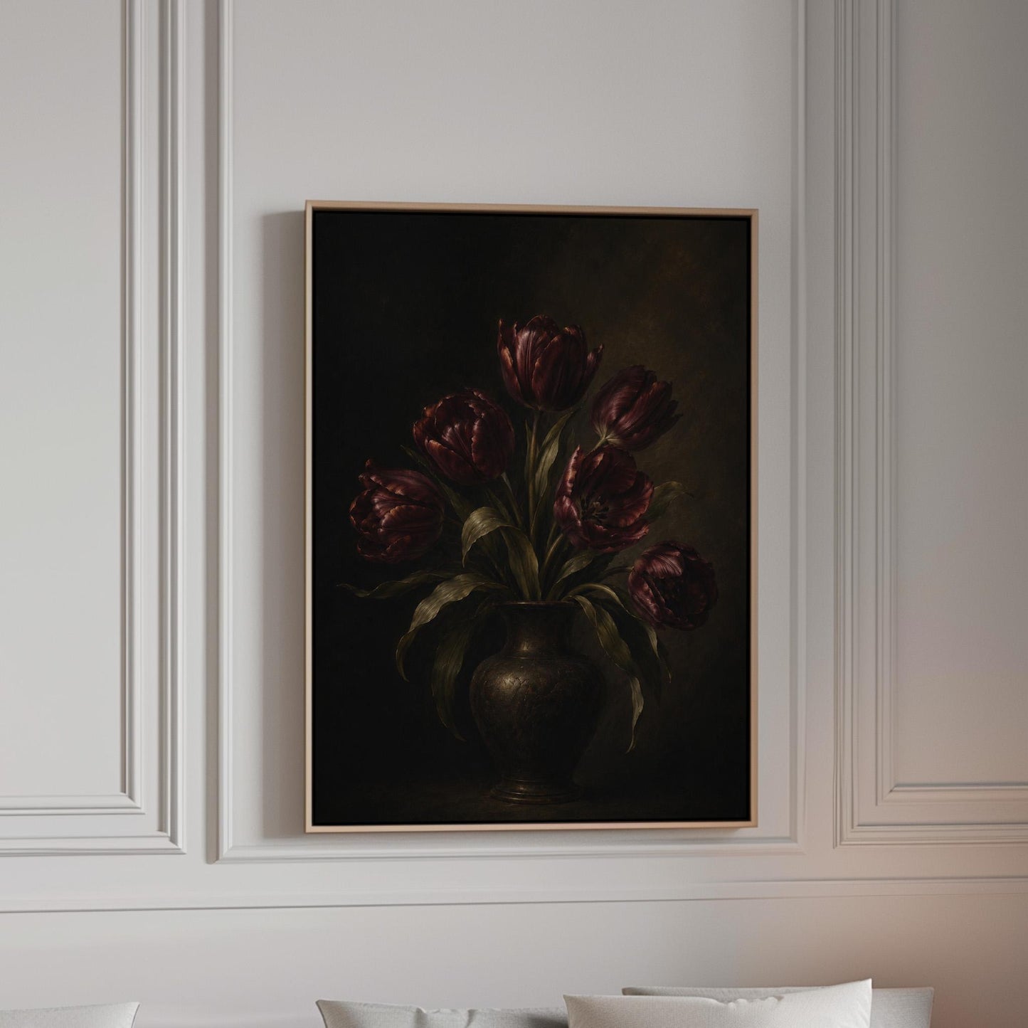 Deep burgundy tulips in a dark metal vase, canvas print in a bright room with natural daylight