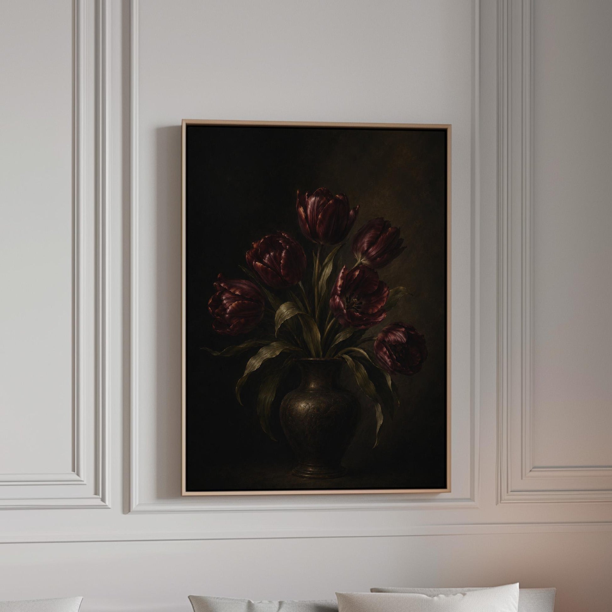 Deep burgundy tulips in a dark metal vase, canvas print in a bright room with natural daylight