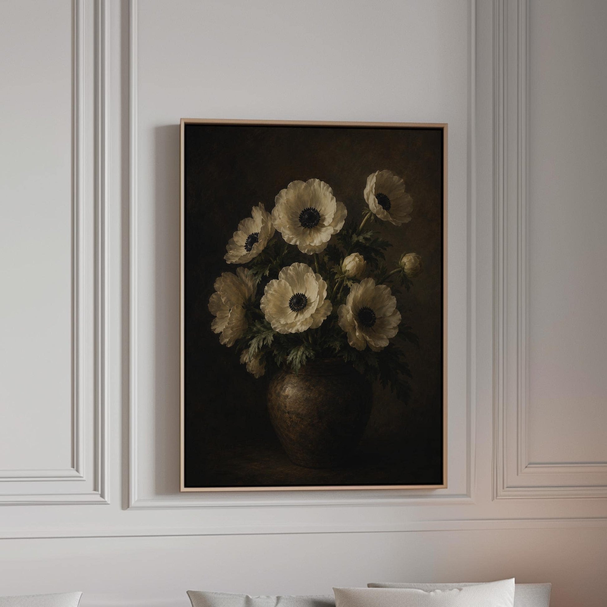 White anemones with dark centres in an earthen vase, canvas print in a bright room with natural daylight