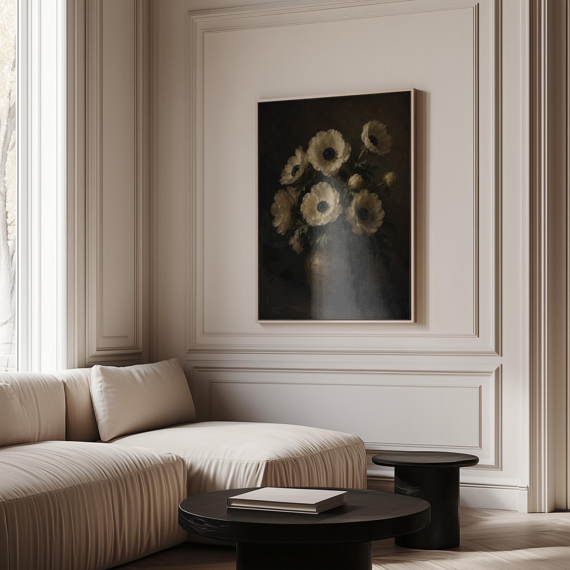 White anemones with dark centres in an earthen vase, canvas print hanging in a calm, modern living space