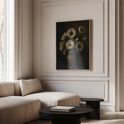 White anemones with dark centres in an earthen vase, canvas print hanging in a calm, modern living space