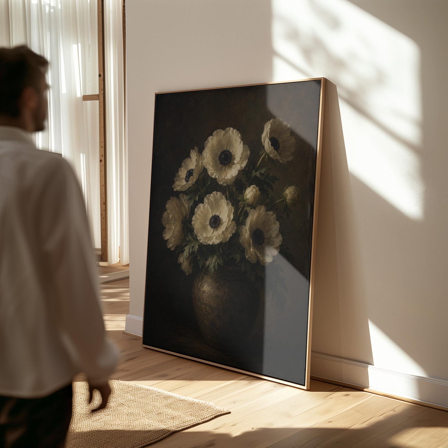 White anemones with dark centres in an earthen vase, canvas print seen in a warm interior with natural light